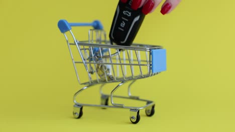 car key in a miniature shopping cart on yellow background