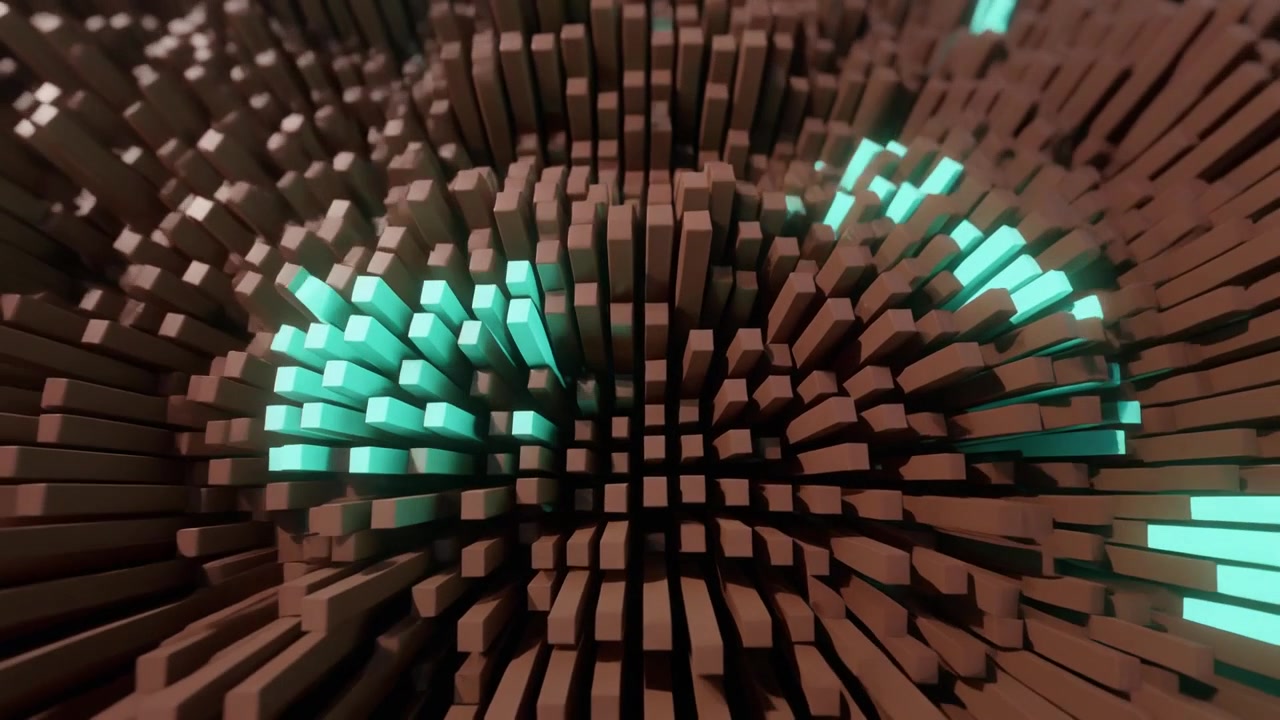 Abstrakt 3D-animation af bevægelige brune og glødende cyanfarvede søjler.