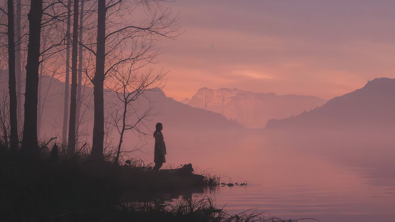 Standing woman gazing across misty lake at sunrise, light shifting, with trees, ridges, copy space