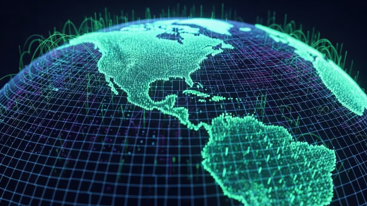 A Stunning Visualization of a Digital Globe Highlighting Geographic Features and Data Representation Through a Vibrant Green Mesh Grid