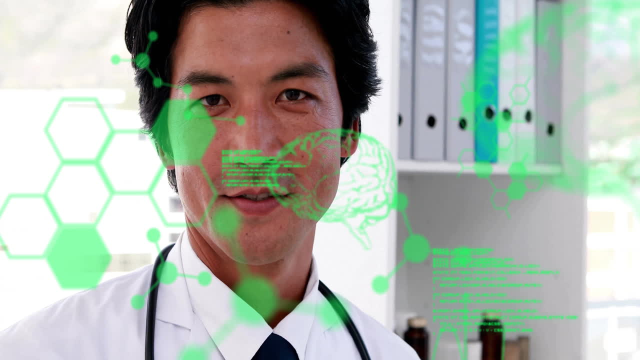 Animation of data processing with brains and molecules over biracial male doctor wearing stethoscope