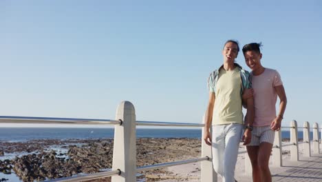 happy diverse gay male couple walking at promenade by the sea, slow motion