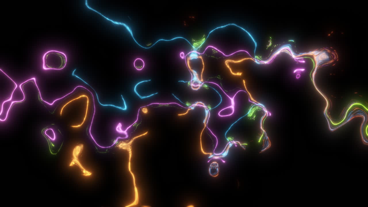 Abstract Bright Electric Lines Weaving and Merging Creating Diverse Colorful Patterns on Black Background. Fractal Fluid Motion Graphics with Glow