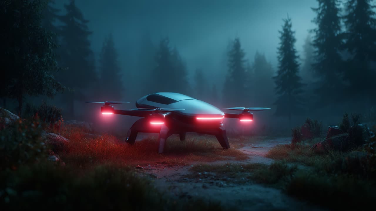A Futuristic Drone with Illuminated Lights Captured in a Misty Forest Landscape: Exploring the Intersection of Technology and Nature at Dawn