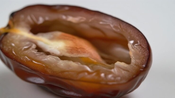 Extreme macro shot of a halved date fruit displaying the seed inside on a clean white background.