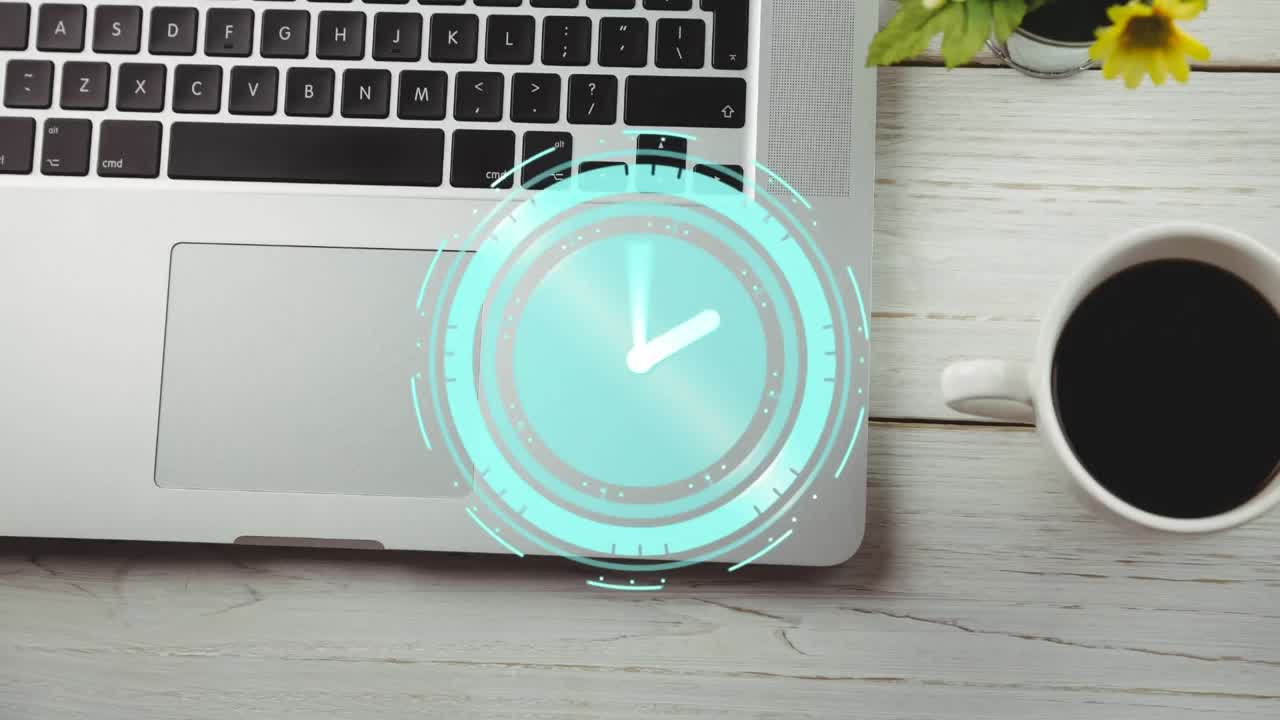 Animation of clock moving over desk with coffee and laptop
