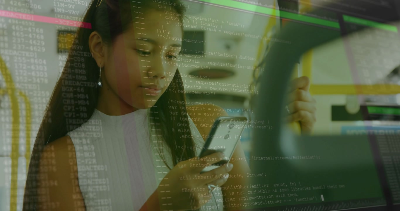Female commuter unlocking phone scrolling on transit while code overlay showing tech data flow
