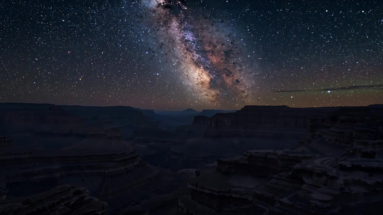 Recording timelapse capturing Milky Way band shifting above rocky canyon at night, with faint haze