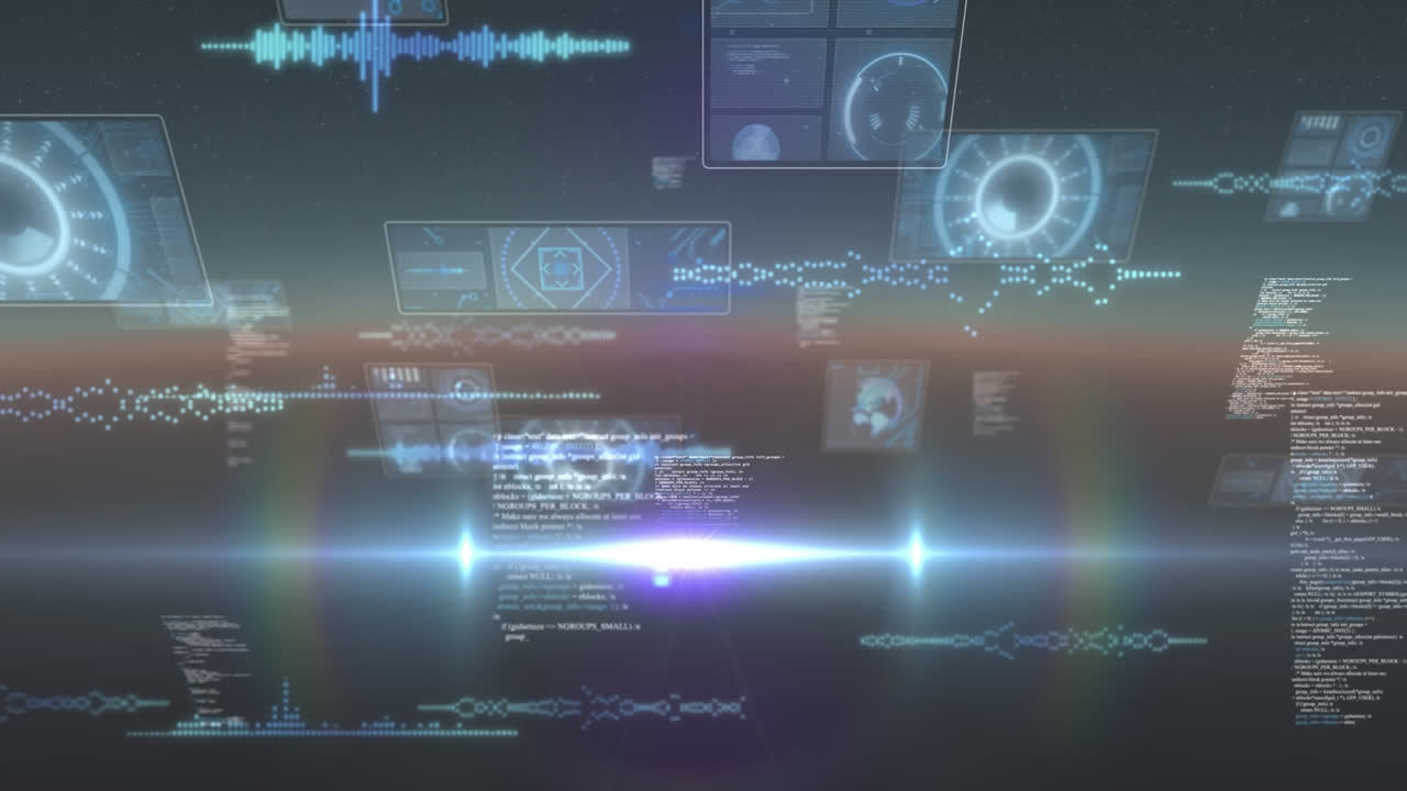 animación del procesamiento de datos y escaneo de ámbitos en pantallas