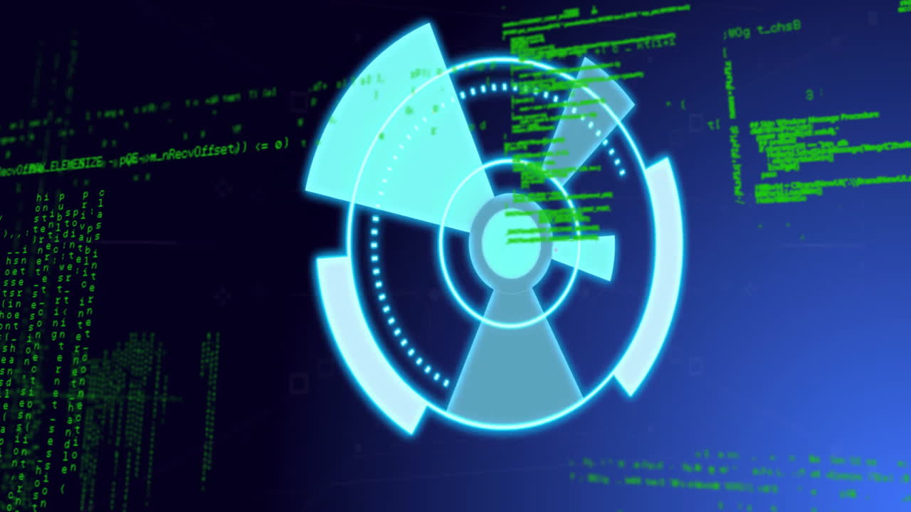 Rotating elements and green code lines in futuristic digital animation interface