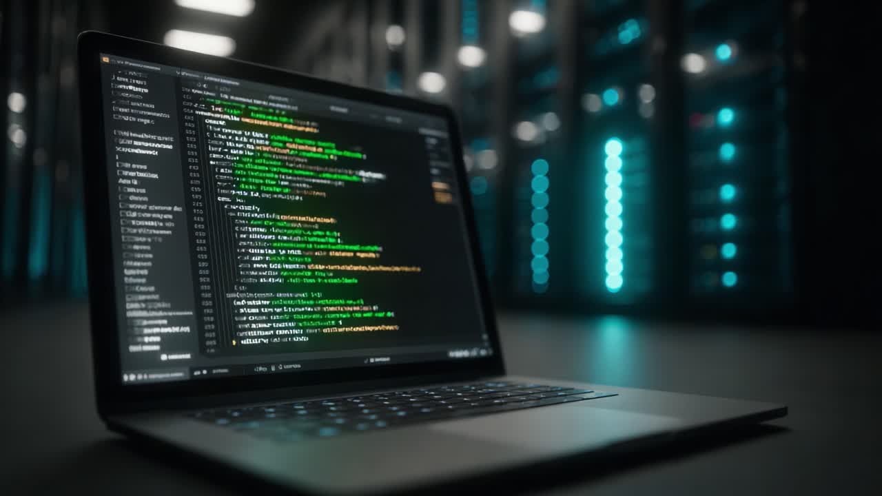 A sleek laptop displaying vibrant coding and programming languages sits prominently in a dimly lit server room, highlighting the intersection of technology and innovation