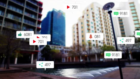 animación de iconos y números de redes sociales en banderas blancas sobre el paisaje urbano