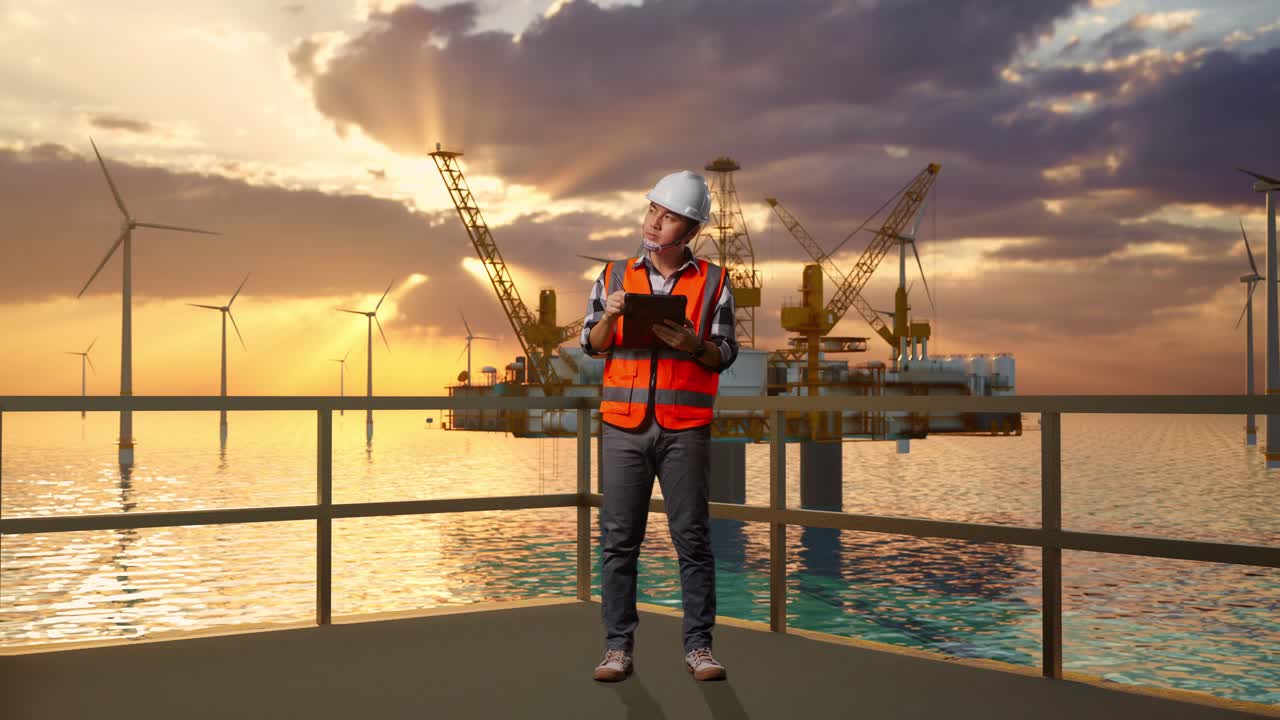 ingeniero en alta mar inspeccionando el parque eólico y la plataforma petrolera al atardecer