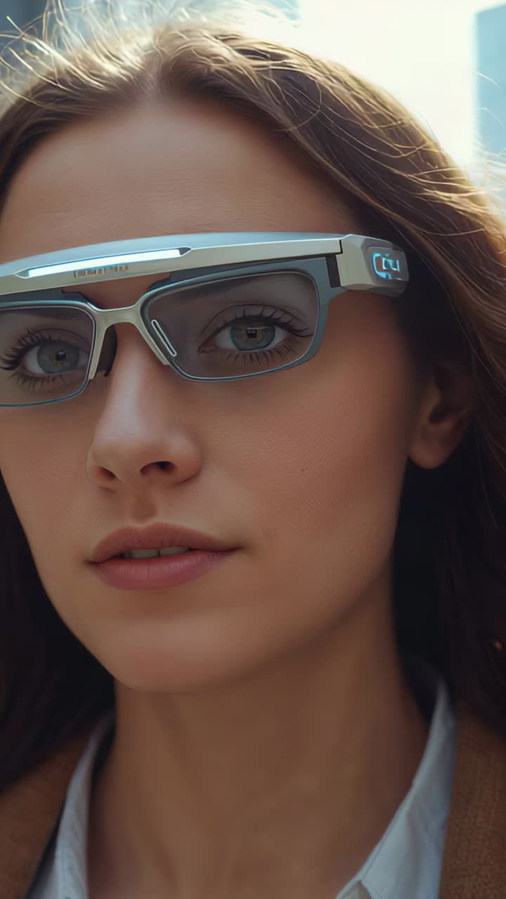 Vertical video: Aligning model with AR glasses, brown coat to camera in city, temple lighting