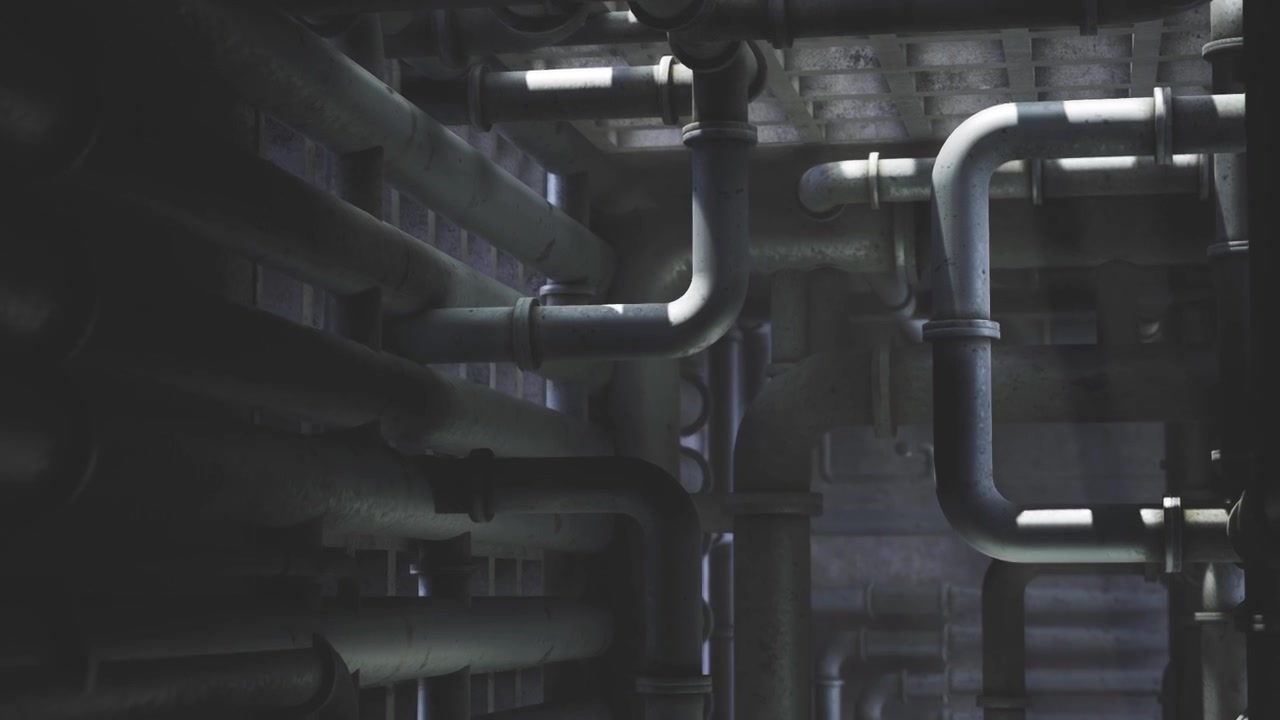 Tunnel sotterraneo chiuso con tubature intersecanti e un'atmosfera cupa.