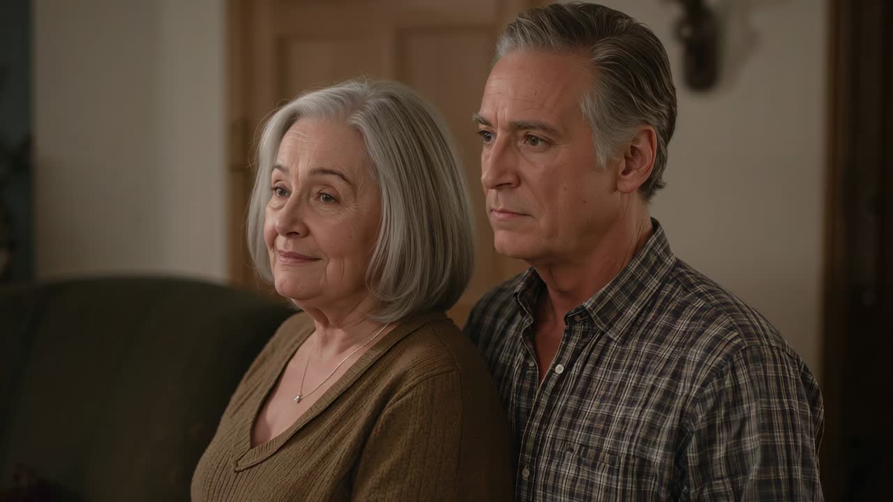Smiling senior woman leaning toward man after pause while man holding gaze home, couch, brown knit