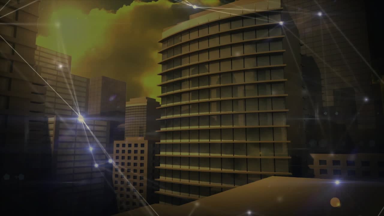 Camera starting forward while network nodes pulsing and linking, revealing curved building rooftop