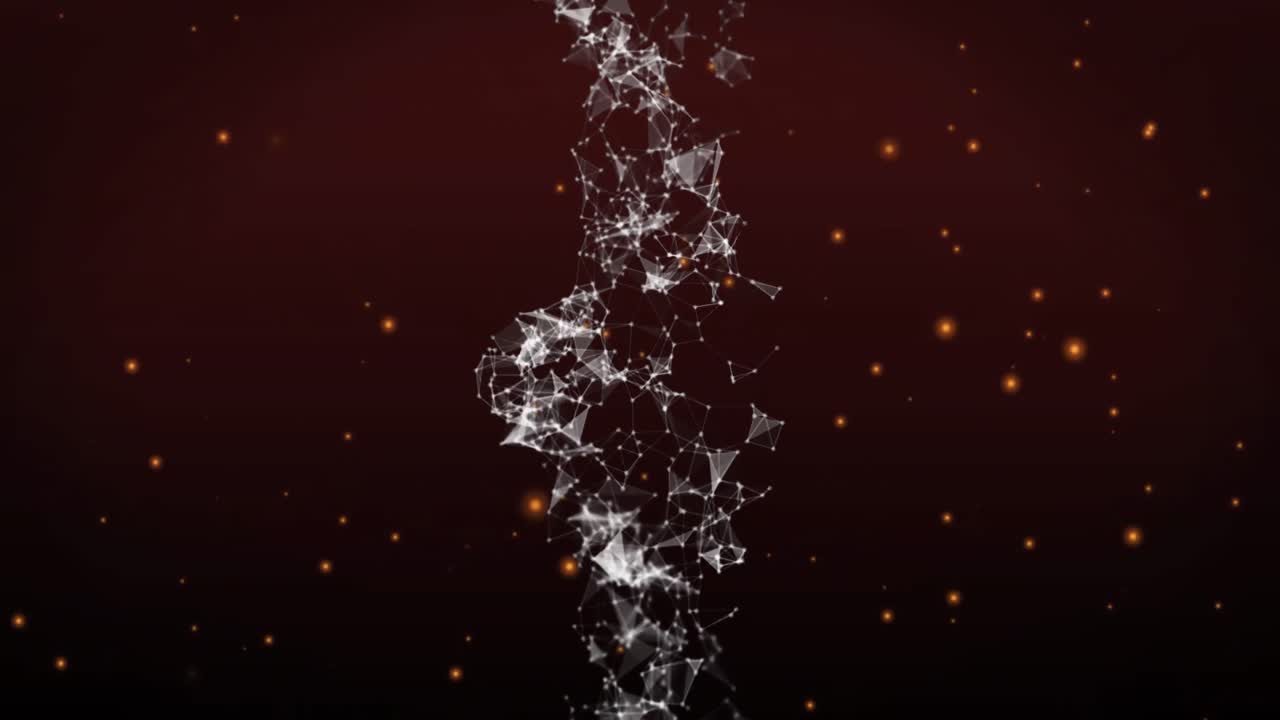 Animation of digital wave of plexus networks spinning and glowing orange spots on red background