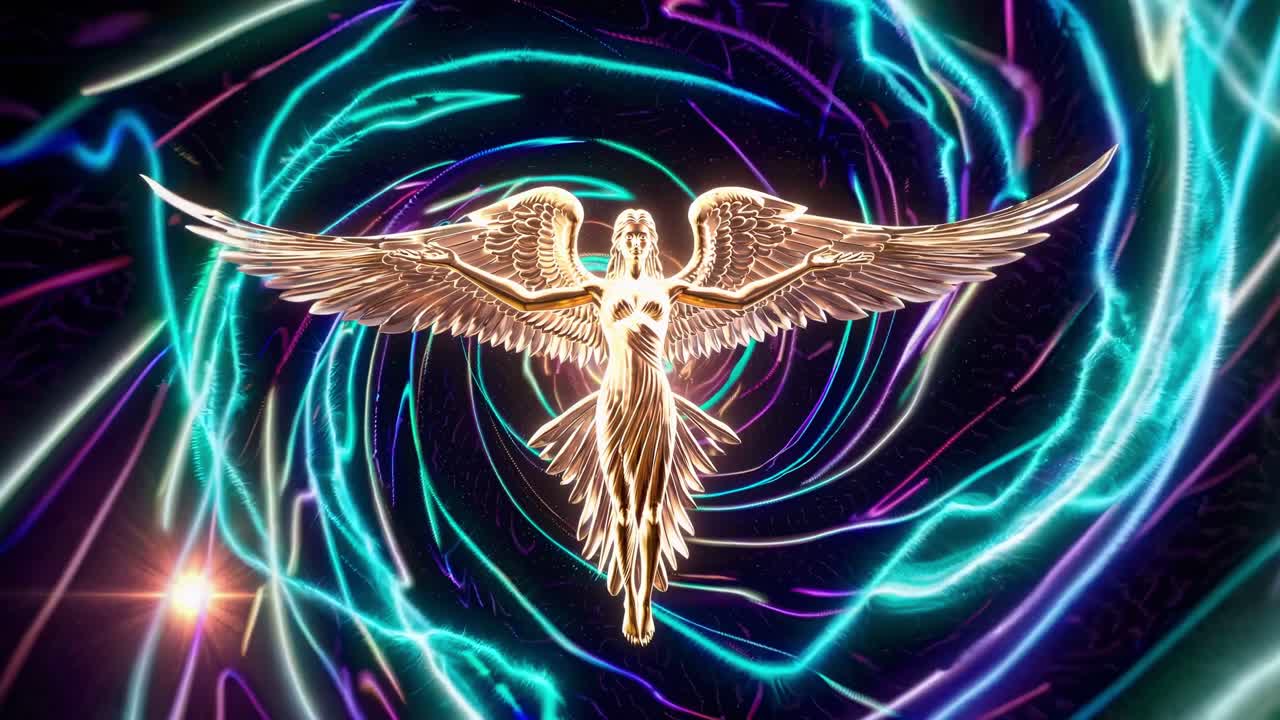 Golden angel with outstretched wings descends from a swirling vortex of vibrant energy, radiating light and power against a dark cosmic backdrop