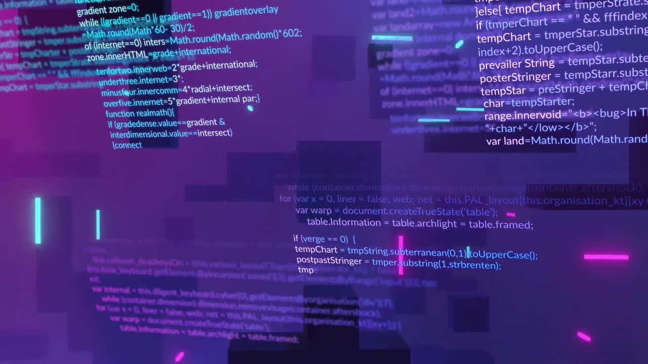 animación del procesamiento de datos sobre formas púrpuras