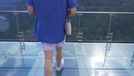 young man watching the canyon on the glass terrace.