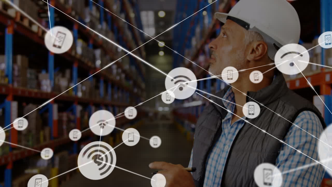 animación de la red de conexiones sobre el hombre caucásico en el almacén