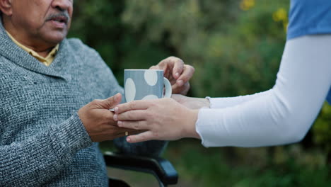 Nurse-outdoor,-senior-man-and-coffee-with-help