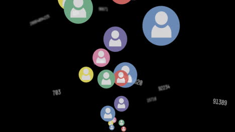 animación de iconos de uso flotando sobre números cambiantes en fondo negro