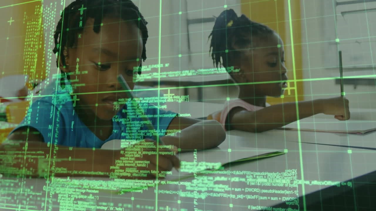 Boy and girl writing notebooks at classroom table, featuring digital code grid in education tech