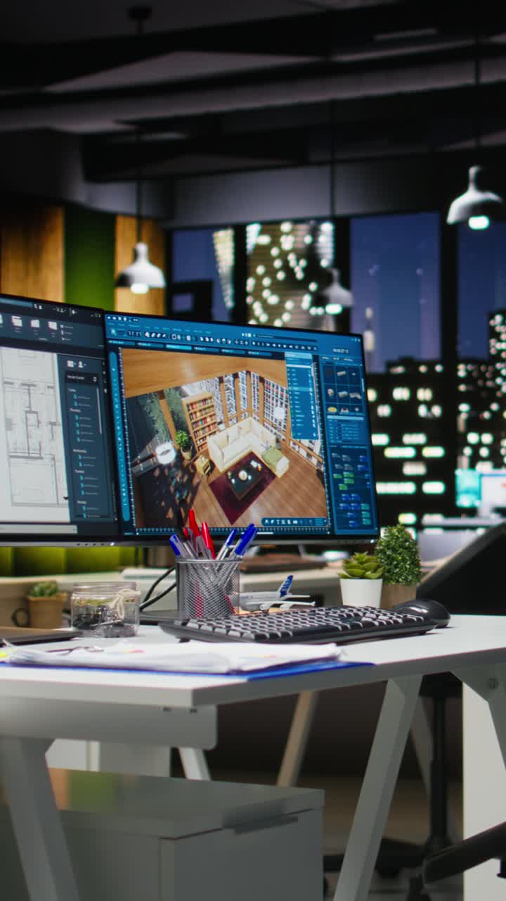 Vertical Video Innovative office featuring dual monitors running advanced 3D rendering