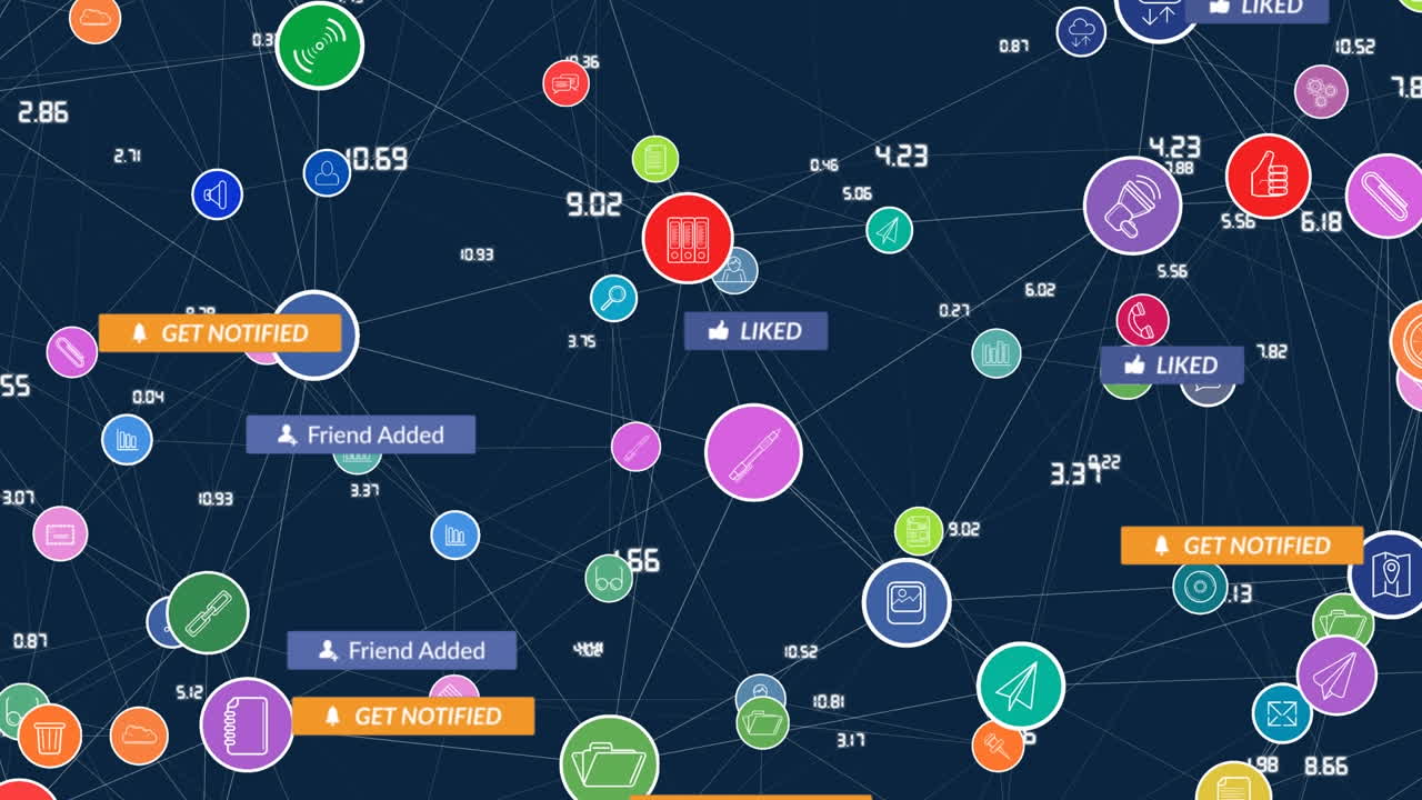 animación del procesamiento de datos y la red de conexiones con iconos