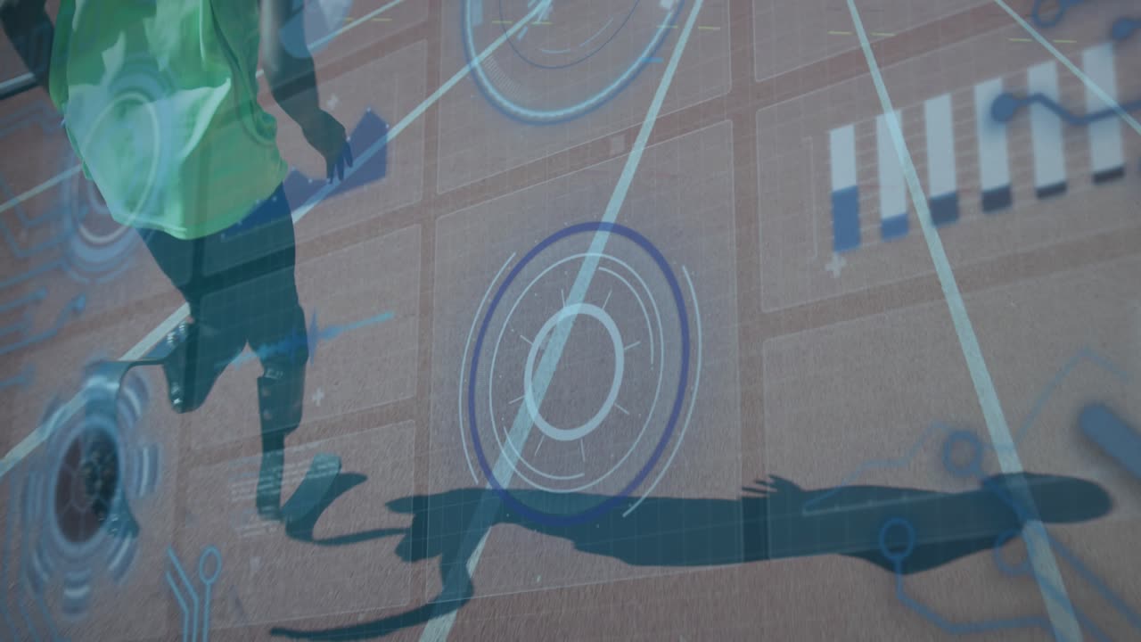 Animation of data processing over disabled african american male runner