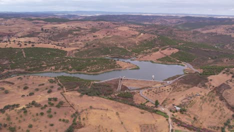 Aerial-view-of-Dam-in-rural-location,-Alentejo