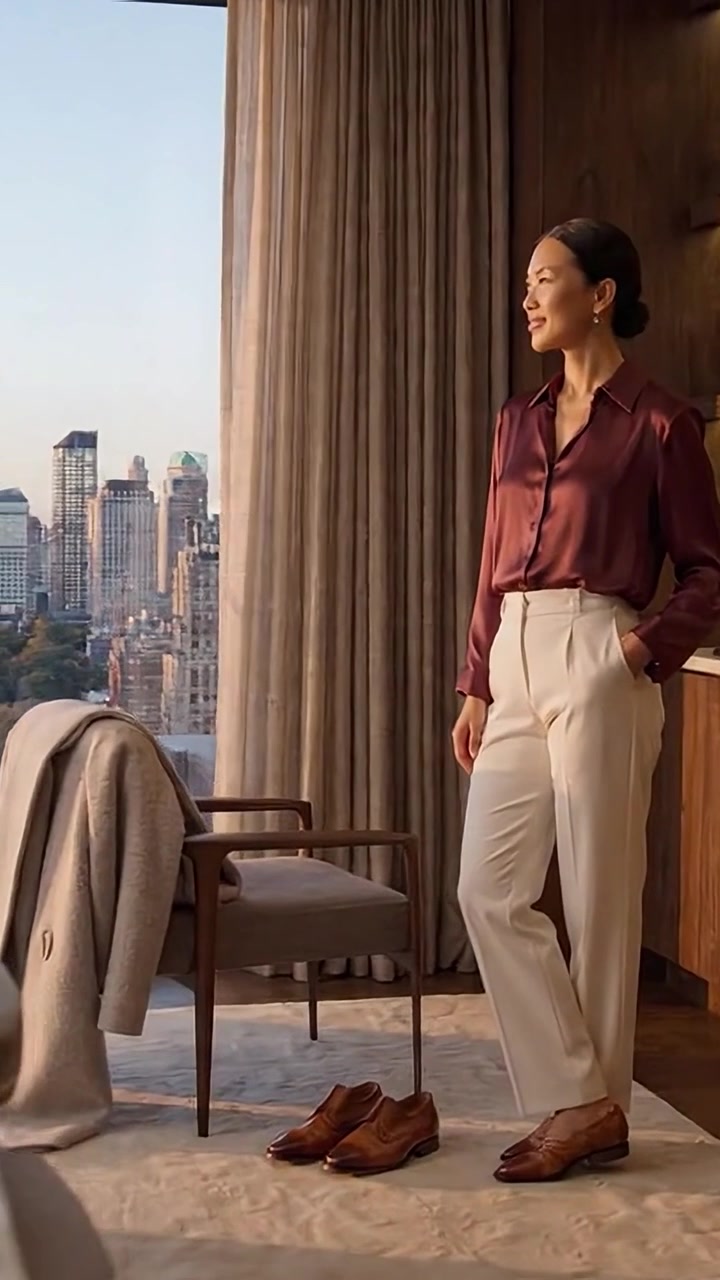Mujer elegante con atuendo con estilo posando junto a una ventana con vista panorámica de la ciudad al atardecer, mostrando un estilo de vida de lujo moderno y una arquitectura urbana sofisticada