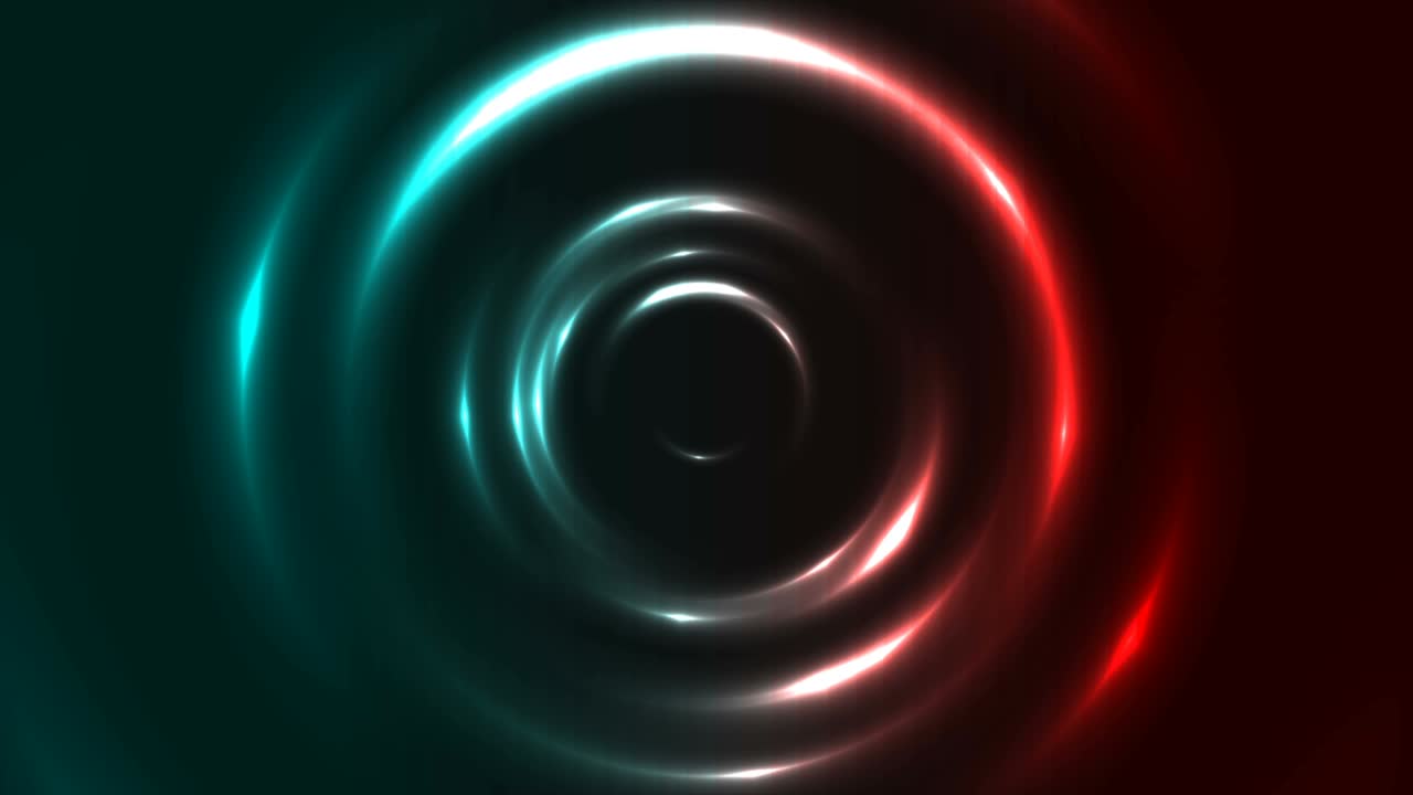 Røde og cyan neonglødende glatte cirkler abstrakt bevægelsesbaggrund.