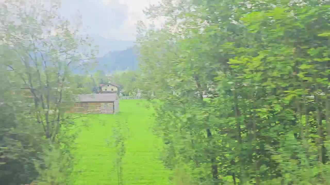 景色の良い列車からの視点。ぼやけた木々の向こうに山間の村が見える。家々、屋根、緑の丘、夏の木々が広がり、遮られた鉄道からの眺めと田園風景。
