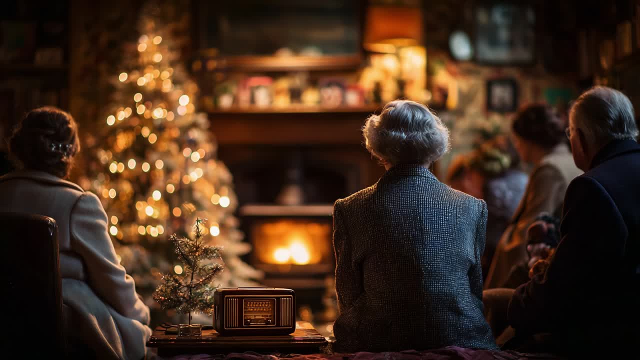 A Cozy Gathering by the Fireplace: Cherished Moments Shared Around a Beautifully Decorated Christmas Tree Amidst Warm Glow and Nostalgia of a Timeless Holiday Evening