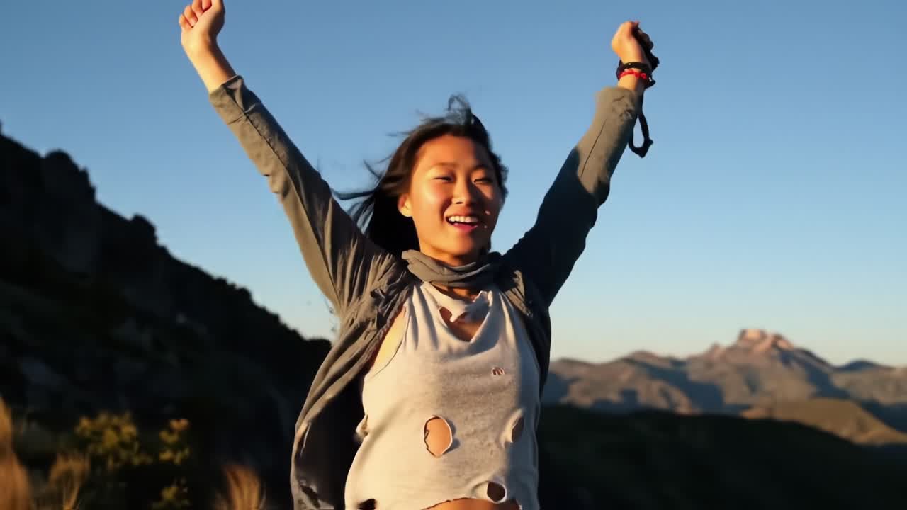 A Joyful Celebration of Freedom and Achievement: A Young Woman Embraces Nature on Top of a Mountain with Outstretched Arms Against a Stunning Sunset Backdrop