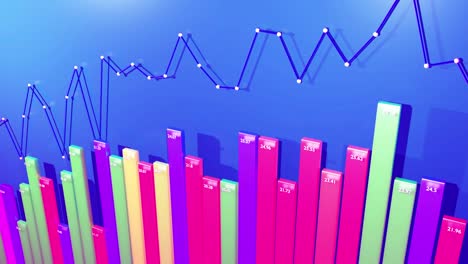 beautiful 3d looped background for analytical programs with abstract infographics, statistical data. multicolor bars, counters and graph. 3d columns smoothly move up and down in loop. financial bg