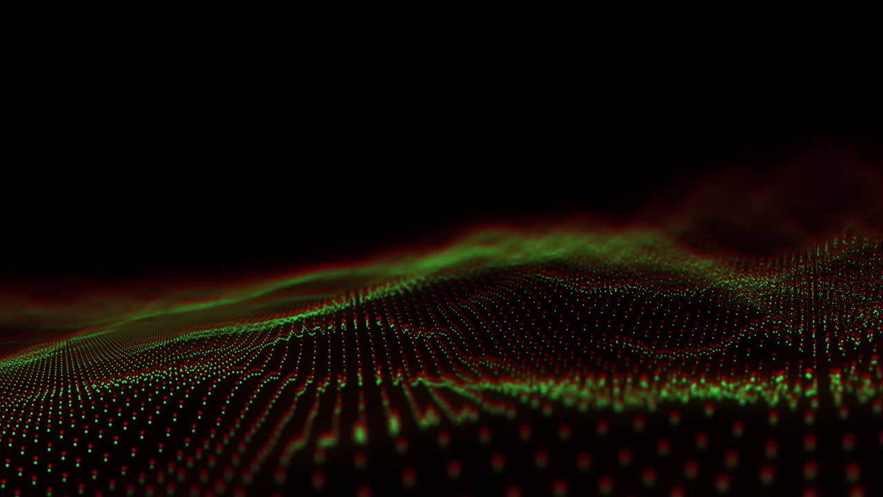 Animation of undulating green and red 3d particle landscape on black background