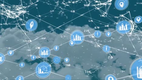 animation of network of connections with icons and data processing over sky with clouds