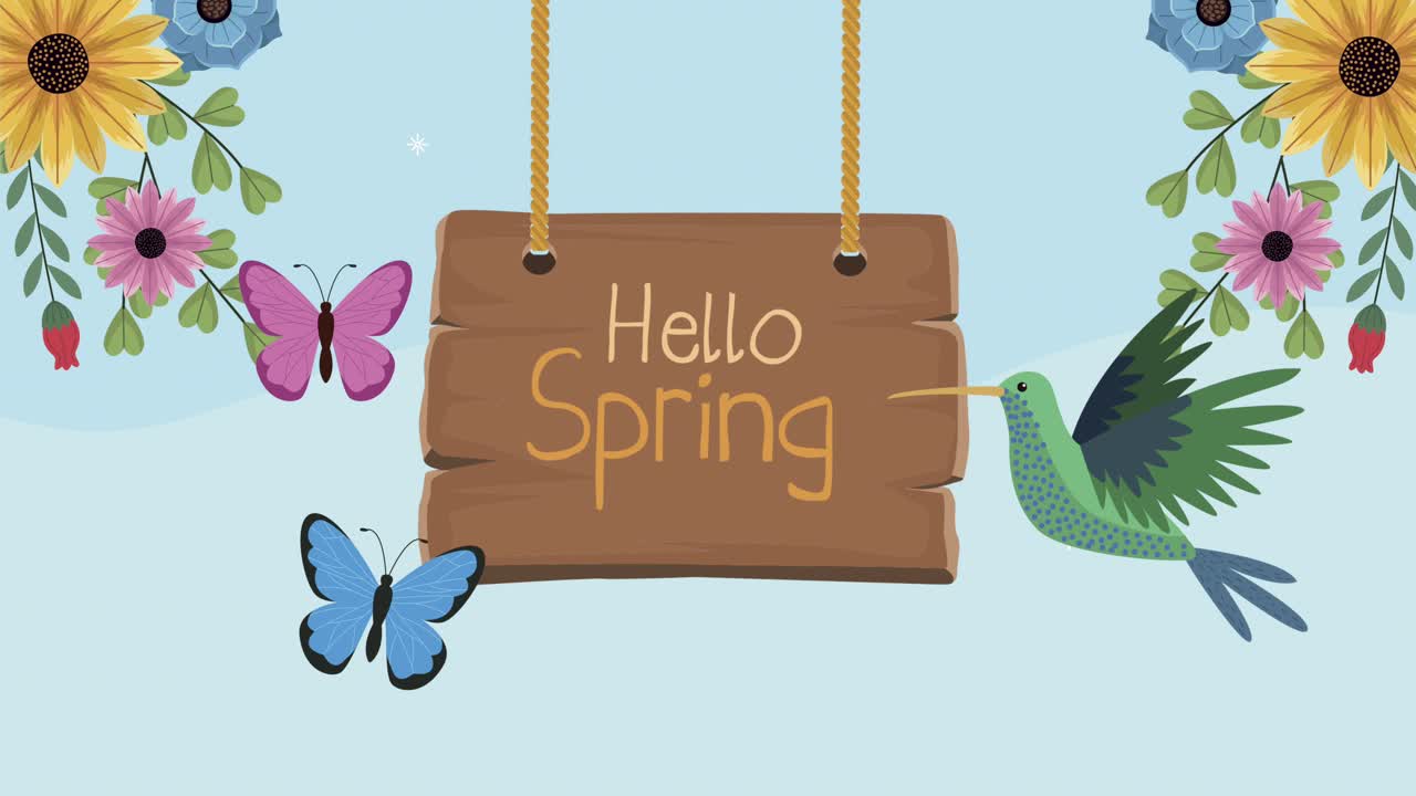 hello spring lettering with hummingbird and flowers