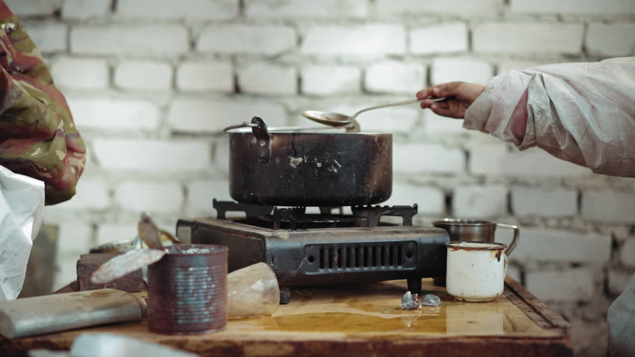 Close up of survival scene showing person stirring pot of soup on old stove while another returns bowl to table, surrounded by rusty can, utensils, and worn cookware, symbolizing poverty