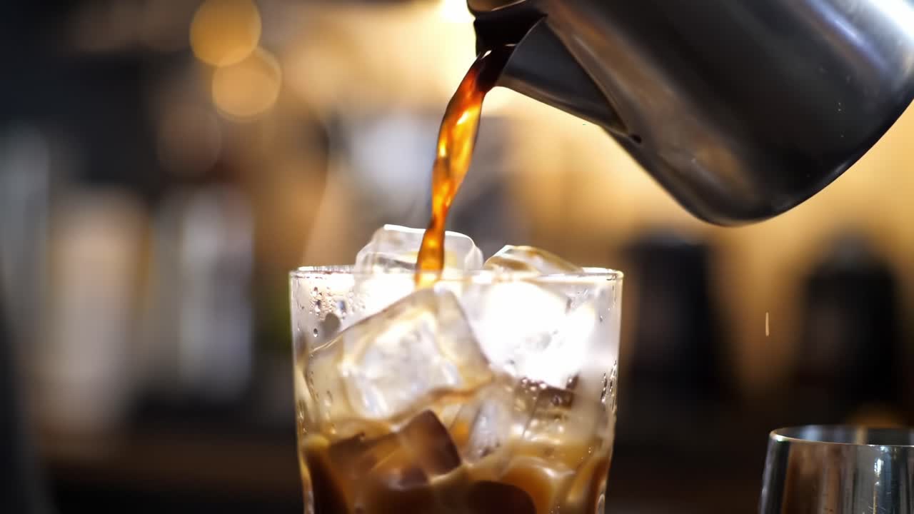 Crafting the Perfect Beverage: A Skilled Bartender Pours Rich Coffee Over Ice, Creating a Refreshing Drink in an Inviting Atmosphere