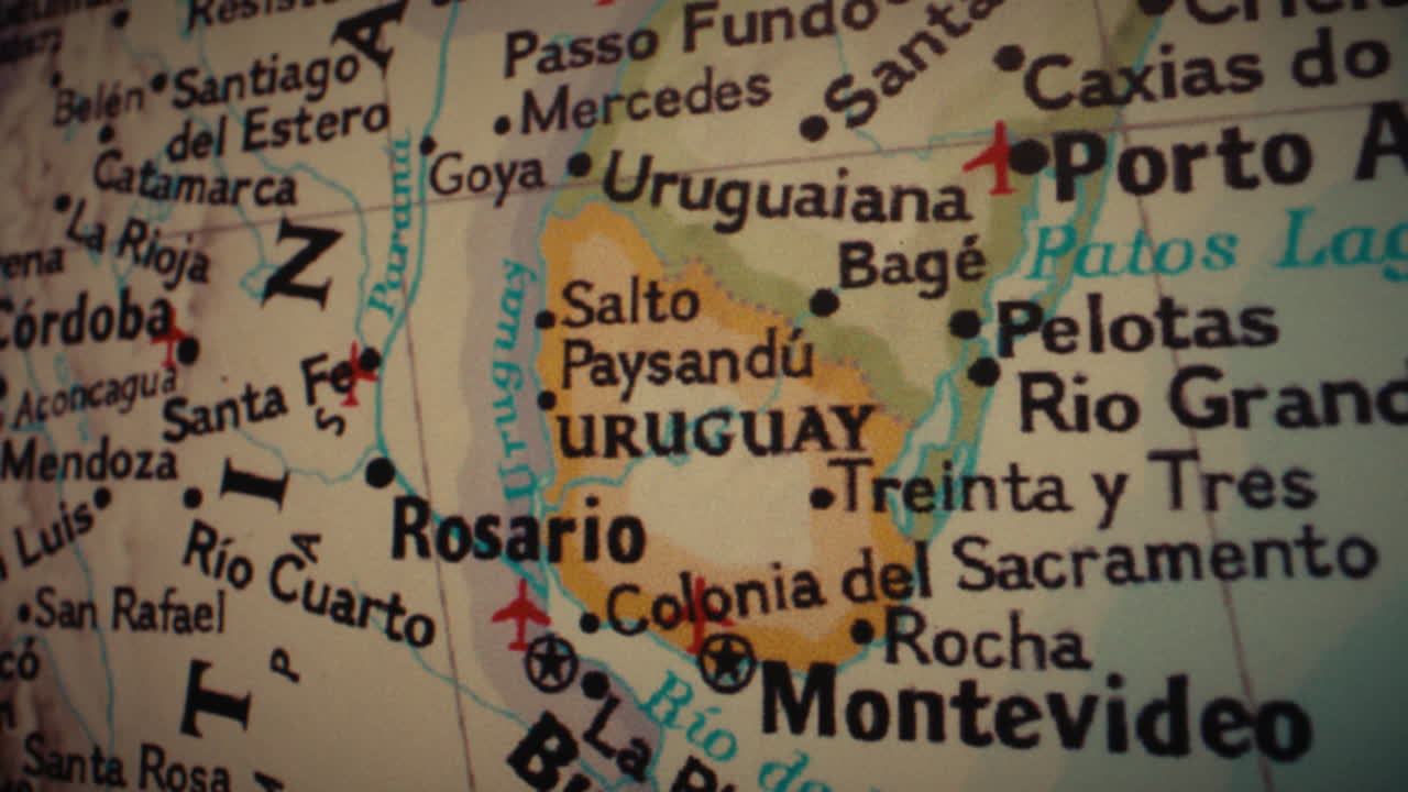 Close-up view of a map showing South America, focusing on Argentina and Uruguay