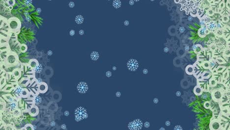 Animation-of-snow-falling-over-christmas-decoration-on-blue-background