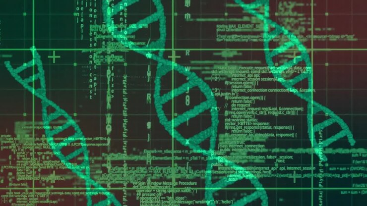 Animation of data processing over dna strands spinning