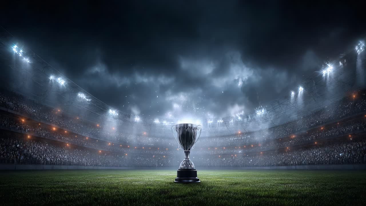 A Stunning Silver Trophy Set Against a Dramatic Sports Stadium Background Under Dark Storm Clouds, Signifying Ultimate Victory and Achievement in Competitive Events
