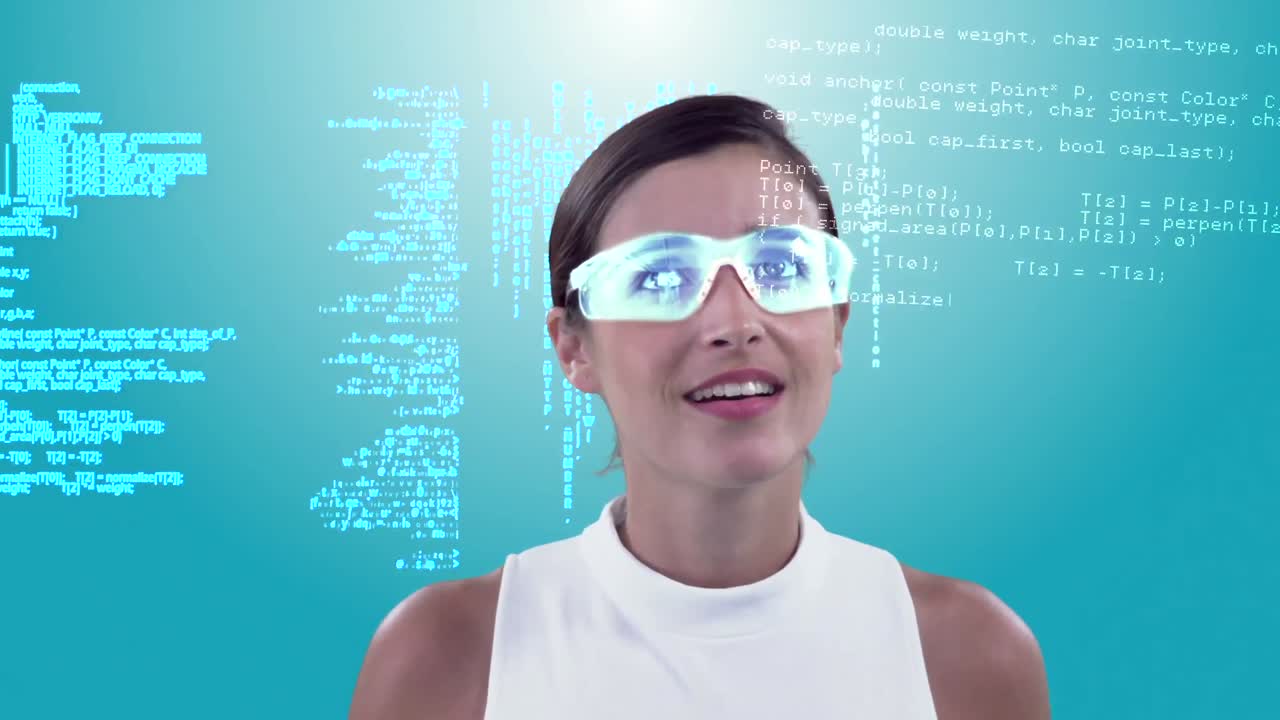 mujer de negocios mirando texto y gráficos generados digitalmente