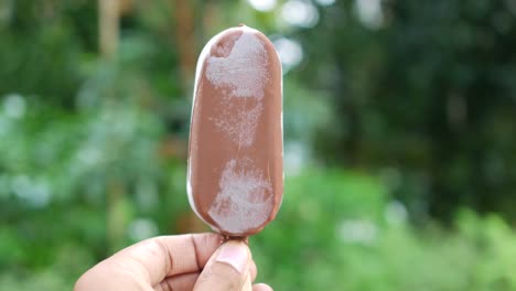 persona que sostiene en la mano un helado de sabor a chocolate ,